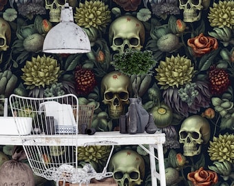 Gothic Skull & Botanical Wallpaper – Dark Floral Mural with Skulls