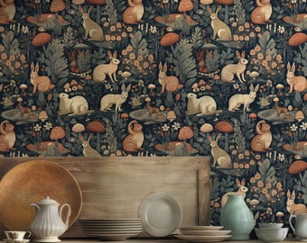 Woodland Wallpaper, Vintage Botanical Wallpaper, Mushroom Rabbit Wallpaper, Fairytale Forest Wallpaper