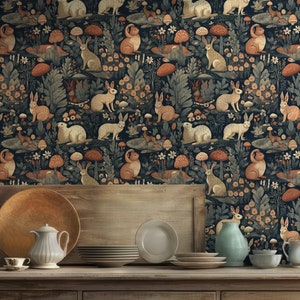 Woodland Wallpaper, Vintage Botanical Wallpaper, Mushroom Rabbit Wallpaper, Fairytale Forest Wallpaper immagine 1