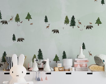 Animal Green Wallpaper, Kids Forest Mural, Baby Room Wallpaper, Nursery Kids Room Wallpaper