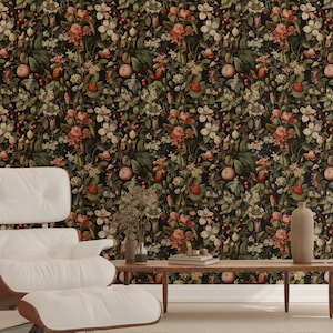 Botanical Dark Wallpaper, Floral Vintage Wall Mural, Dark Floral Wallpaper, Peel Stick Removable