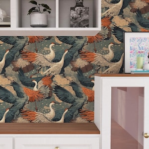 Colorful Chinoiserie Wallpaper, Crane Bird Wallpaper, Vintage Chinoiserie Wall Mural, Heron Self Adhesive Wallpaper
