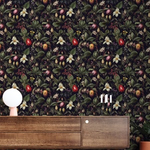 Dark Botanical Wallpaper, Colorful Botanical Wall Mural, Wildflower Floral Wallpaper, Peel Stick Vintage