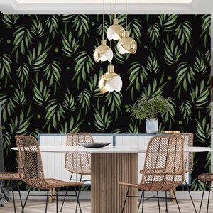 Dark Olive Leaf Wallpaper, Dark Botanical Peel Stick Wall Mural, Green Olive Sprigs