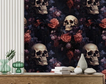 Dark Gothic Wallpaper, Floral Skull Wallpaper, Whimsical Peony Wall Mural