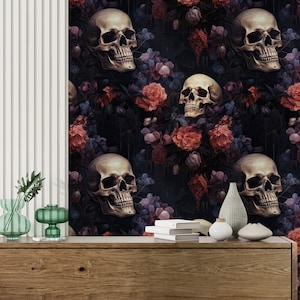 Dark Gothic Wallpaper, Floral Skull Wallpaper, Whimsical Peony Wall Mural