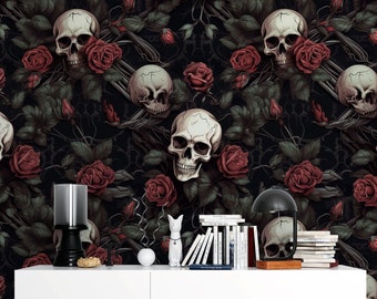 Red Rose Skull Wallpaper, Gothic Skull Wallpaper, Gothic Floral Wallpaper, Dark Skull Wall Mural