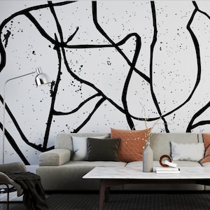 Black Ink Brush Stroke Wallpaper – Artistic Monochrome Wall Mural for Bold Modern Interiors