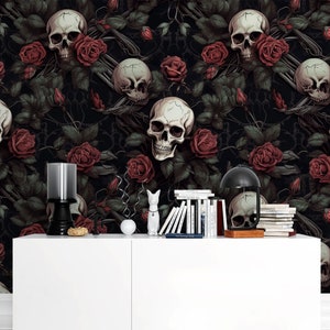 Red Rose Skull Wallpaper, Gothic Skull Wallpaper, Gothic Floral Wallpaper, Dark Skull Wall Mural