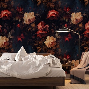 Dark Gothic Floral Wallpaper – Moody Botanical Wall Mural for Elegant Vintage Interiors