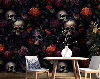 Dark Skull Floral Wallpaper, Dark Gothic Floral Wallpaper, Gothic Skull Mural, Peel Stick Whimsical Wallpaper
