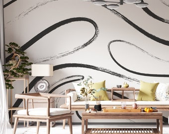 Black White Brush Stroke Wallpaper, Black White Wallpaper, Black Brush Minimalist Wallpaper, Line Wall Mural