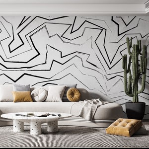Black White Wallpaper, Geometric Line Wallpaper, Black Brush Stroke Mural, Modern Minimalist Livingroom Wallpaper