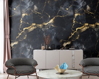Black Gold Marble Wallpaper, Dark Marble Wall Mural, Black Peel Stick Wallpaper, Black Marble Mural