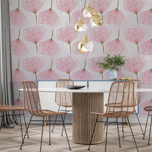 Pink Lotus Wallpaper, Floral Removable Wall Mural, Drawn Watercolor Peel Stick Wallpaper