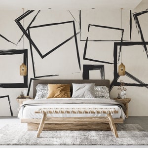 Black White Geometric Wallpaper, Brush Stroke Trendy Mural, Modern Livingroom Wallpaper, Black Line Wallpaper