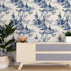 French Blue Toile Countryside Wallpaper, Vintage Monochrome Wall Mural, Toile de Jouy Mural, Antique Removable Wallpaper