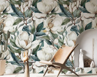 Magnolia Floral Wallpaper, Botanical Wall Mural, White Magnolia Wallpaper, Self Adhesive Bloom Wallpaper