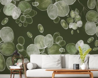 Dark Eucalyptus Wallpaper, Dark Green Leaves Wall Mural, Botanical Floral Peel Stick