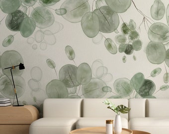 Eucalyptus Floral Wallpaper, Leaf Botanical Wall Mural, Watercolor Removable