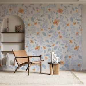 Orange Flower Wallpaper, Blue Floral Wall Mural, Removable Watercolor Flowers Wallpaper