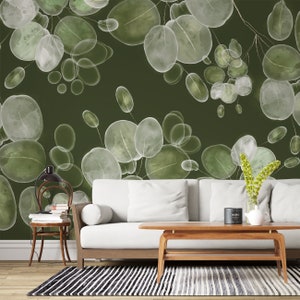 Dark Eucalyptus Wallpaper, Dark Green Leaves Wall Mural, Botanical Floral Peel Stick