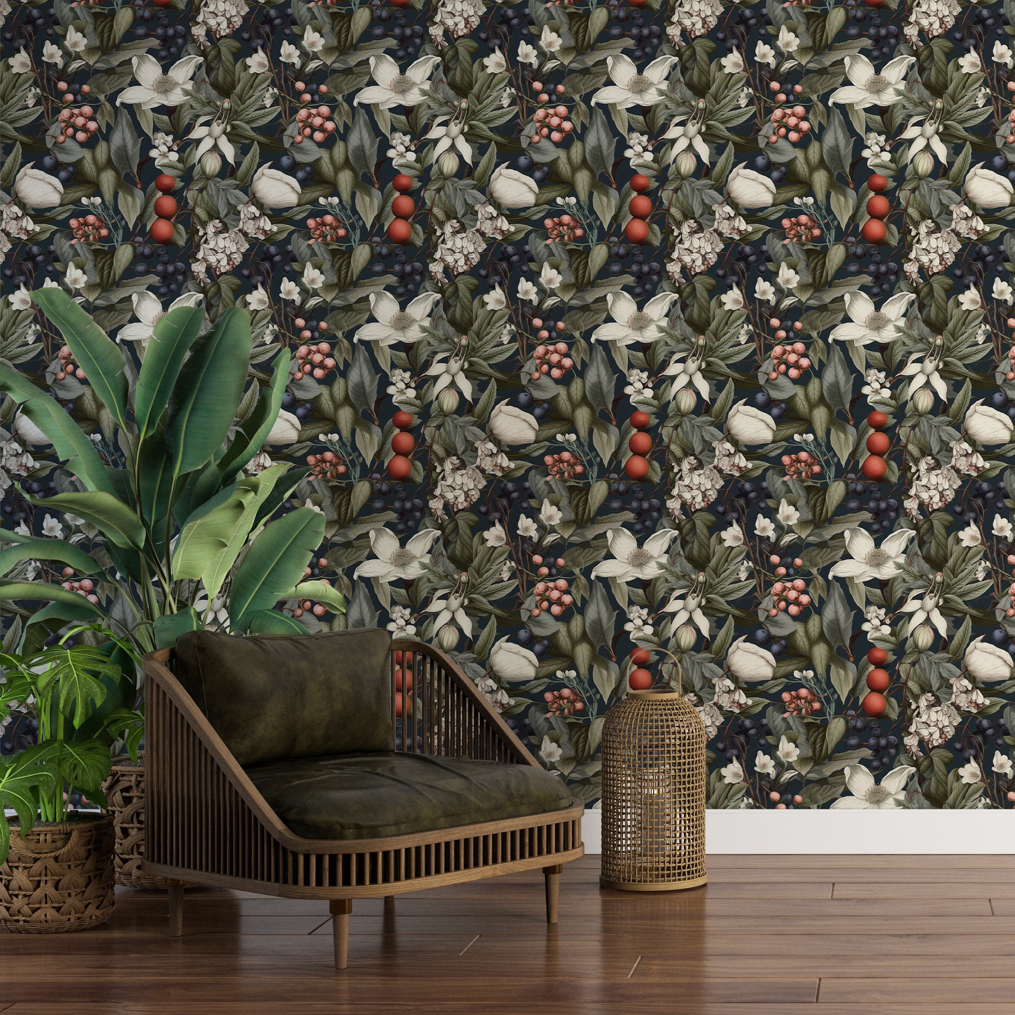 Dark Botanical Wallpaper, Secret Garden Vintage Wall Mural, Peel Stick