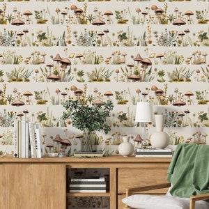 Mushroom Wallpaper, Botanical Mushroom Wall Mural, Floral Trendy Wallpaper, Peel Stick Mushroom Wallpaper
