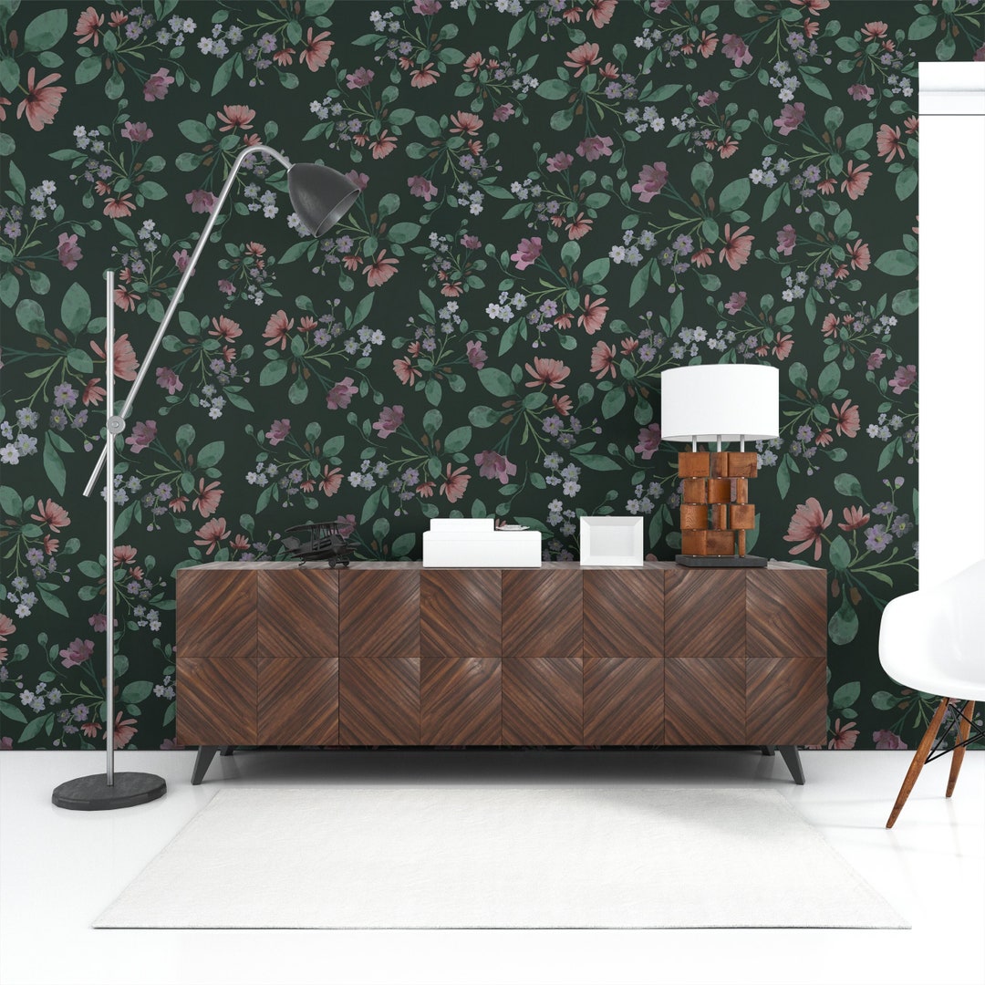 Dark Floral Peel and Stick Wallpaper: Botanical Flower Wall Mural - Etsy