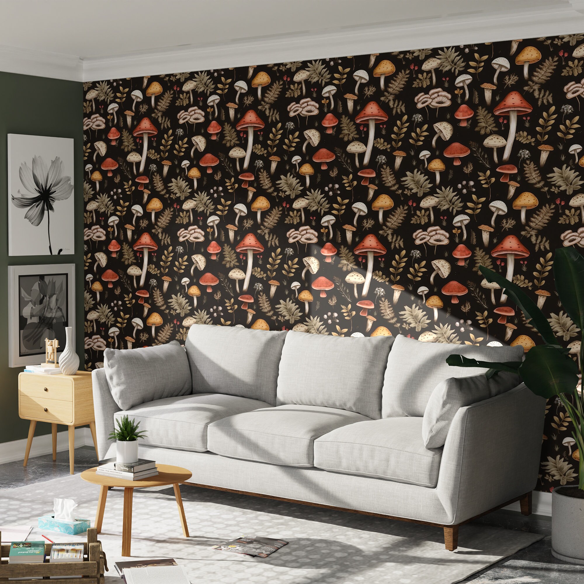 Colorful Mushroom Wallpaper – Dark Forest Botanical Mural - Etsy