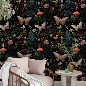 Dark Botanical Butterfly Wallpaper – Vintage Floral Mural
