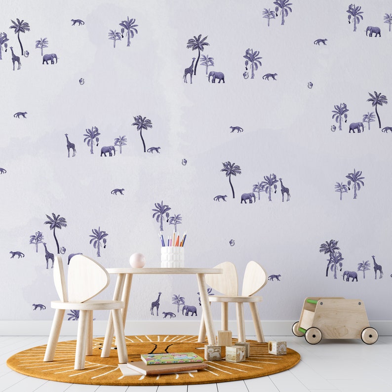 Jungle Animal Wallpaper, Nursery Wallpaper, Giraffe Elephant Animal