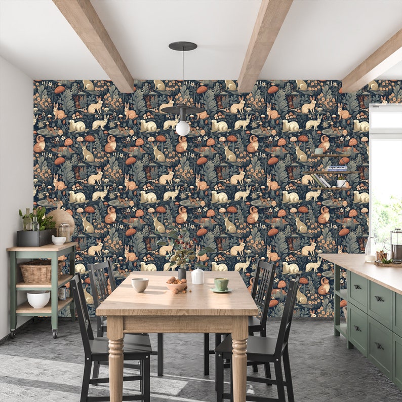 Woodland Wallpaper, Vintage Botanical Wallpaper, Mushroom Rabbit Wallpaper, Fairytale Forest Wallpaper image 5