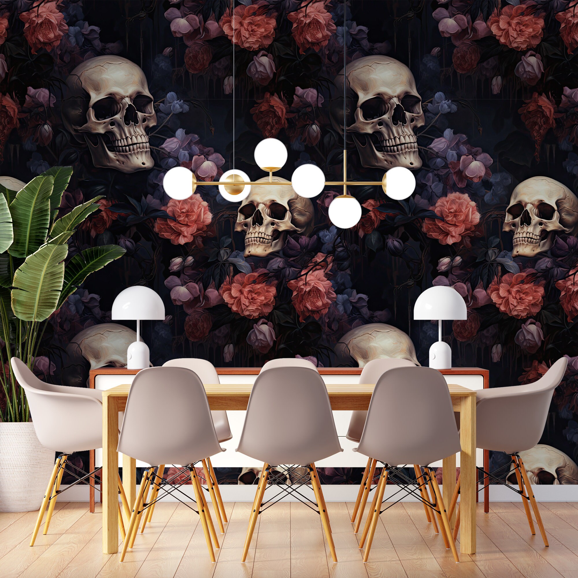 Dark Gothic Wallpaper, Floral Skull Wallpaper, Whimsical Peony Wall