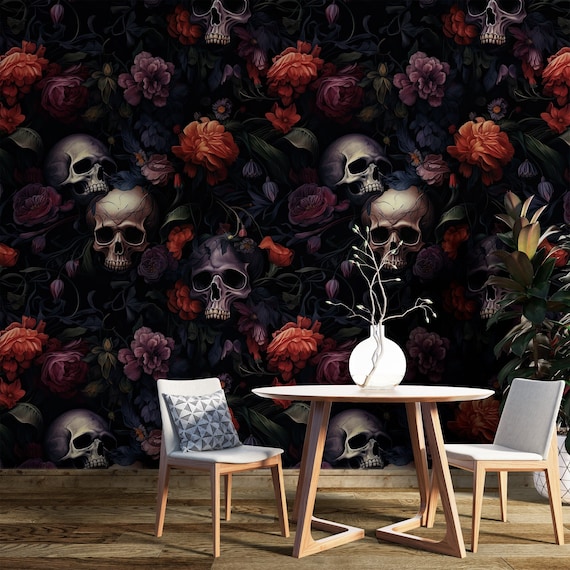 Dark Floral Skull Wallpaper – Gothic Removable Wall Mural for Bold Statement Walls