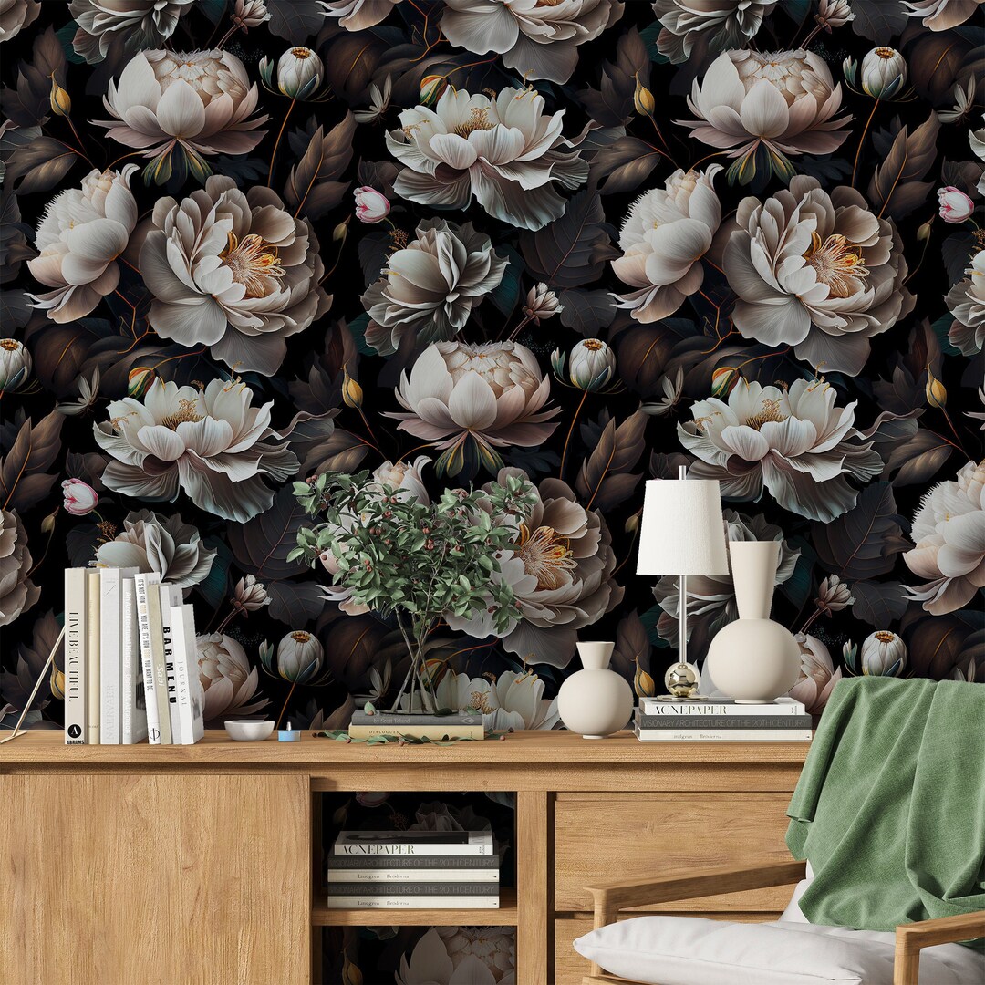 Dark Peony Wallpaper, White Peony Wall Mural, Dark Floral Wallpaper ...