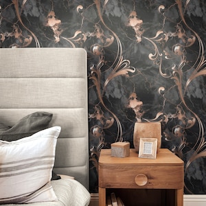 Black Marble Floral Wallpaper – Luxury Gold Wall Mural