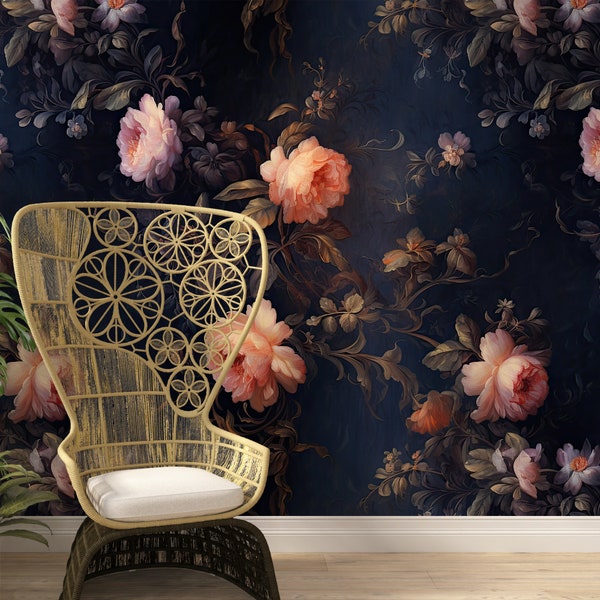 Gothic Dark Blue Floral Wallpaper, Whimsical Peony Wallpaper, Dark Goth Floral Wall Mural, Botanical Peel Stick Wallpaper