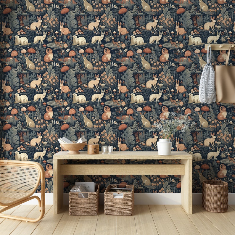 Woodland Wallpaper, Vintage Botanical Wallpaper, Mushroom Rabbit Wallpaper, Fairytale Forest Wallpaper immagine 4