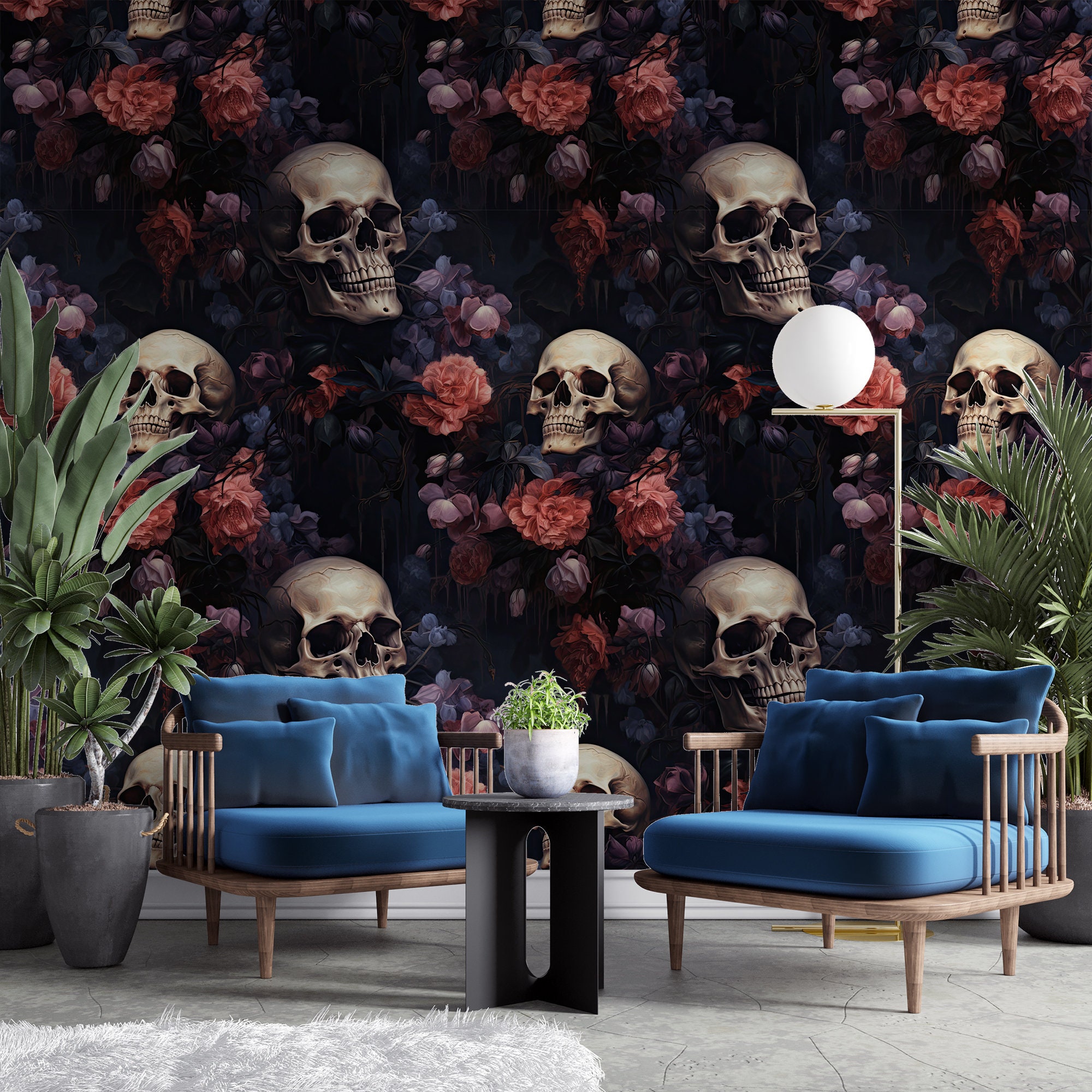 Dark Gothic Wallpaper, Floral Skull Wallpaper, Whimsical Peony Wall
