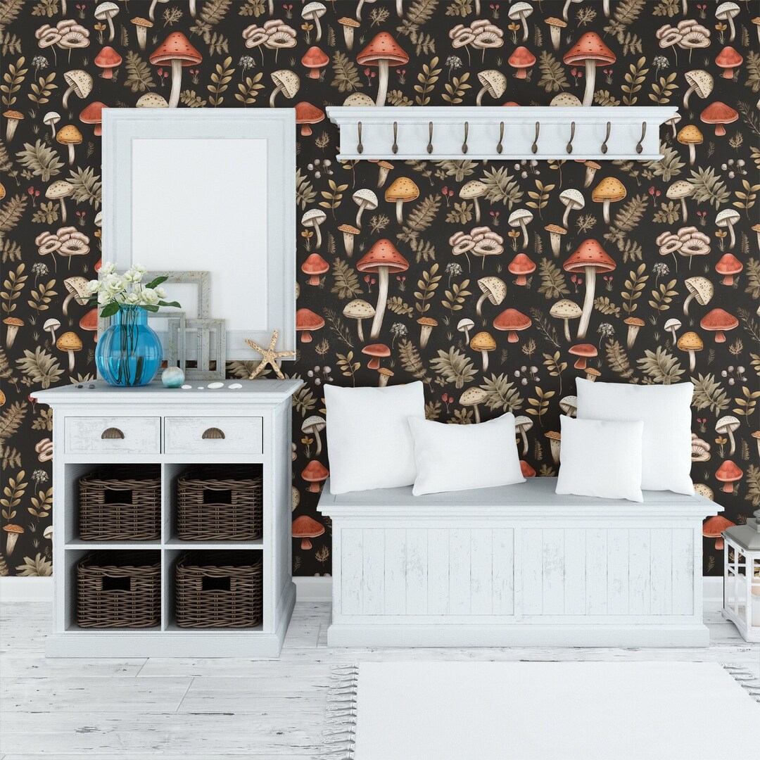 Colorful Mushroom Wallpaper – Dark Forest Botanical Mural - Etsy