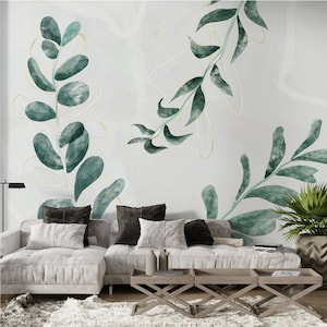 Green Leaf Wallpaper, Watercolor Leaves Floral Wallpaper, Self Adhesive Removable Wall Mural