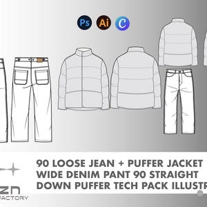 May include: Technical illustration of a fashion design, featuring a loose jean, puffer jacket, and wide denim pant. The design includes front and back views of the garments. The text reads "90 LOOSE JEAN + PUFFER JACKET, WIDE DENIM PANT 90 STRAIGHT, DOWN PUFFER TECH PACK ILLUSTRATION."