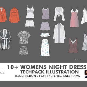 May include: A tech pack illustration of 10+ women's night dresses with lace trim details. The illustration includes flat sketches of different styles, including robes, pajamas, and nightgowns.