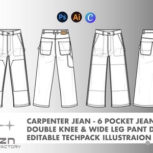 Puede incluir: Dibujo lineal de cuatro pares de vaqueros de carpintero con diseño de doble rodilla y pernera ancha. La imagen incluye el texto "CARPENTER JEAN - 6 POCKET JEAN DOUBLE KNEE & WIDE LEG PANT DUO EDITABLE TECHPACK ILLUSTRATION."