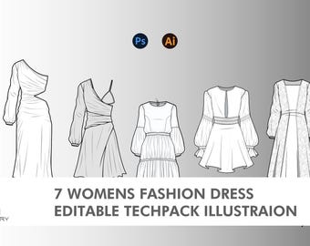 Jurkmodel en damesmodejurkbundel - modeontwerp Tech Pack-sjabloon - bewerkbare streetwear-mockups