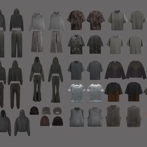 Op de afbeelding: Een verzameling grijze en zwarte kledingstukken, waaronder hoodies, sweatshirts, t-shirts, broeken en hoeden. De kleding is gerangschikt in rijen en kolommen op een grijze achtergrond.
