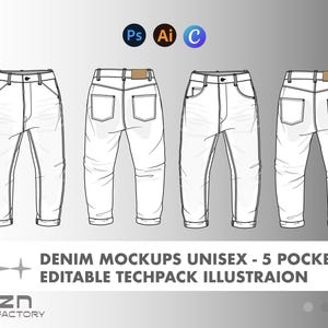 May include: Line drawing of four pairs of white denim jeans, front and back views. The jeans have five pockets and a brown leather patch. The image includes the text "DENIM MOCKUPS UNISEX - 5 POCKET JEAN EDITABLE TECHPACK ILLUSTRATION."