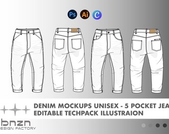 Jeansmodel en jeans met 5 zakken en jeansbundel van 2 plus bewerkbare ontwerpdetails - Fashion Design Tech Pack - Bewerkbare streetwear-mockups