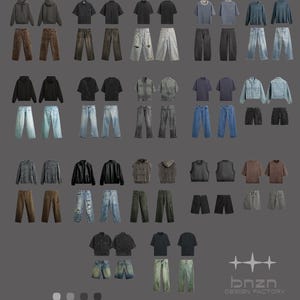 Puede incluir: Un collage de diferentes prendas de vestir, incluyendo sudaderas con capucha, camisas, chaquetas y pantalones vaqueros. La ropa está dispuesta en una cuadrícula, con cada artículo mostrado en un color y estilo diferente. La imagen también incluye el texto "bnzn DESIGN FACTORY".